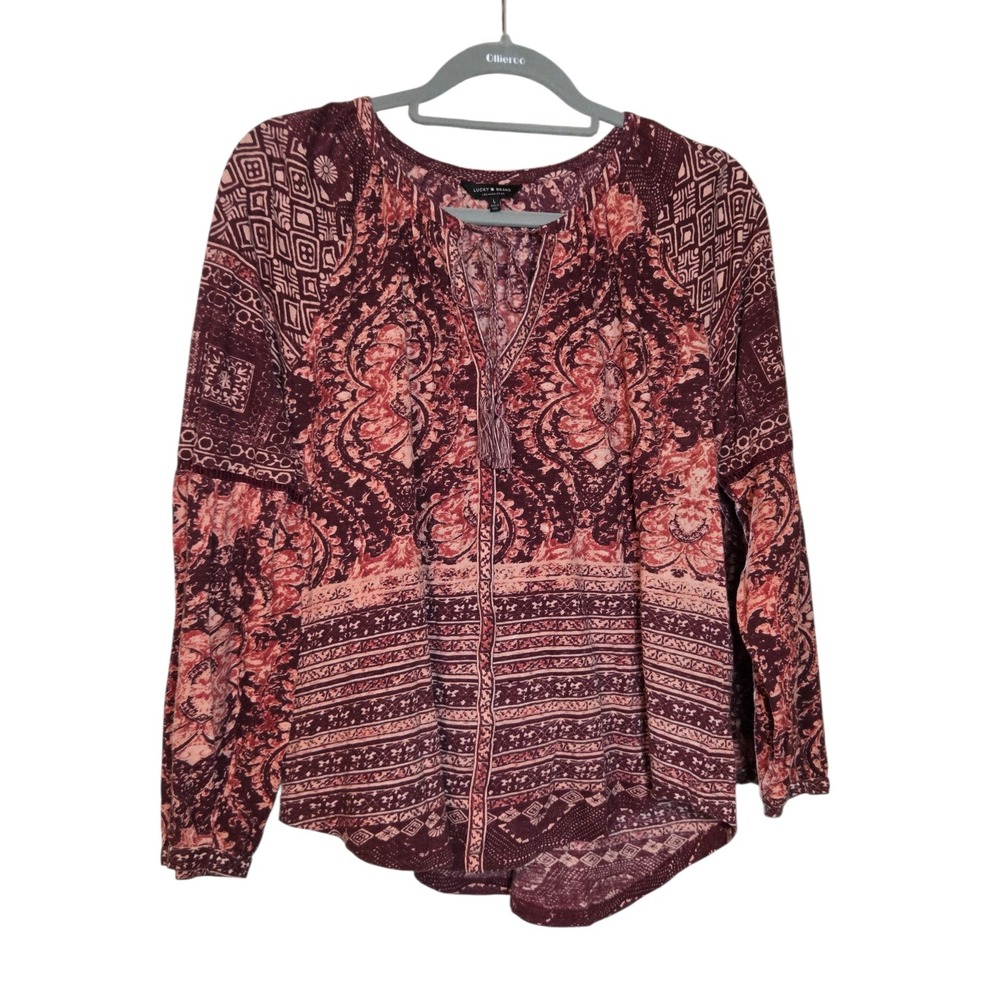 Lucky Brand Burgundy Paisley Long Sleeve Peasant Top Blouse Boho Tassel Large